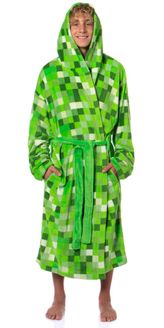 Minecraft Men's Pixelated Creeper Soft Fleece Hooded Bathrobe