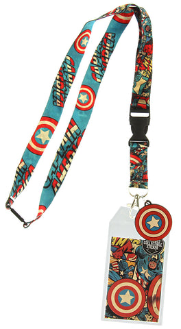 Captain America Lanyard Comic and Logo Print with Rubber Charm and ID Holder