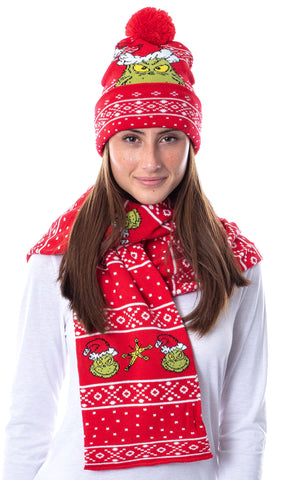 Dr. Seuss GRINCH Who Stole Christmas Knit Scarf & Pom Beanie Set