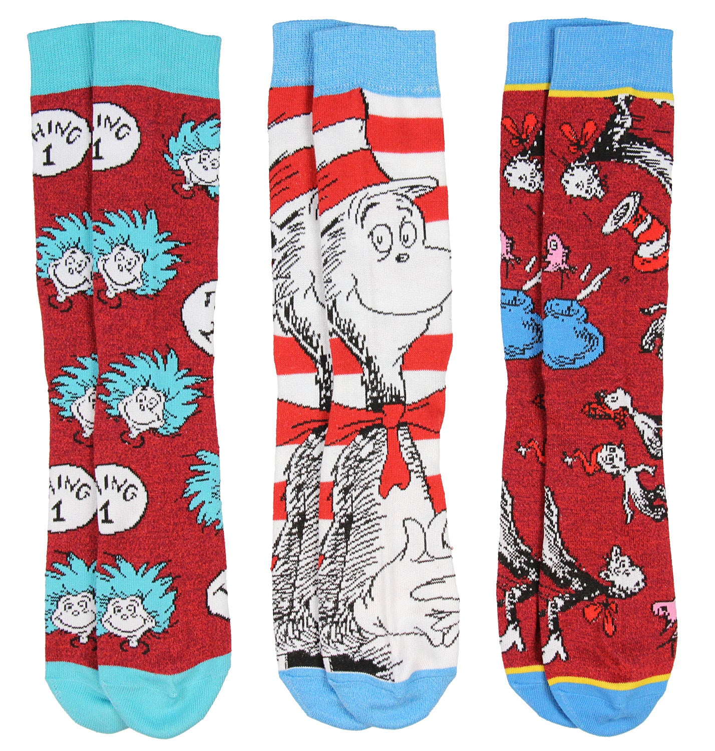 Dr. Seuss Socks Adult Cat In The Hat THING ONE THING TWO 3 Pack Mid-Calf Crew Socks