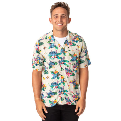 Disney Lilo & Stitch Men's Stitch Tropical Hawaiian Button Up Shirt Adult