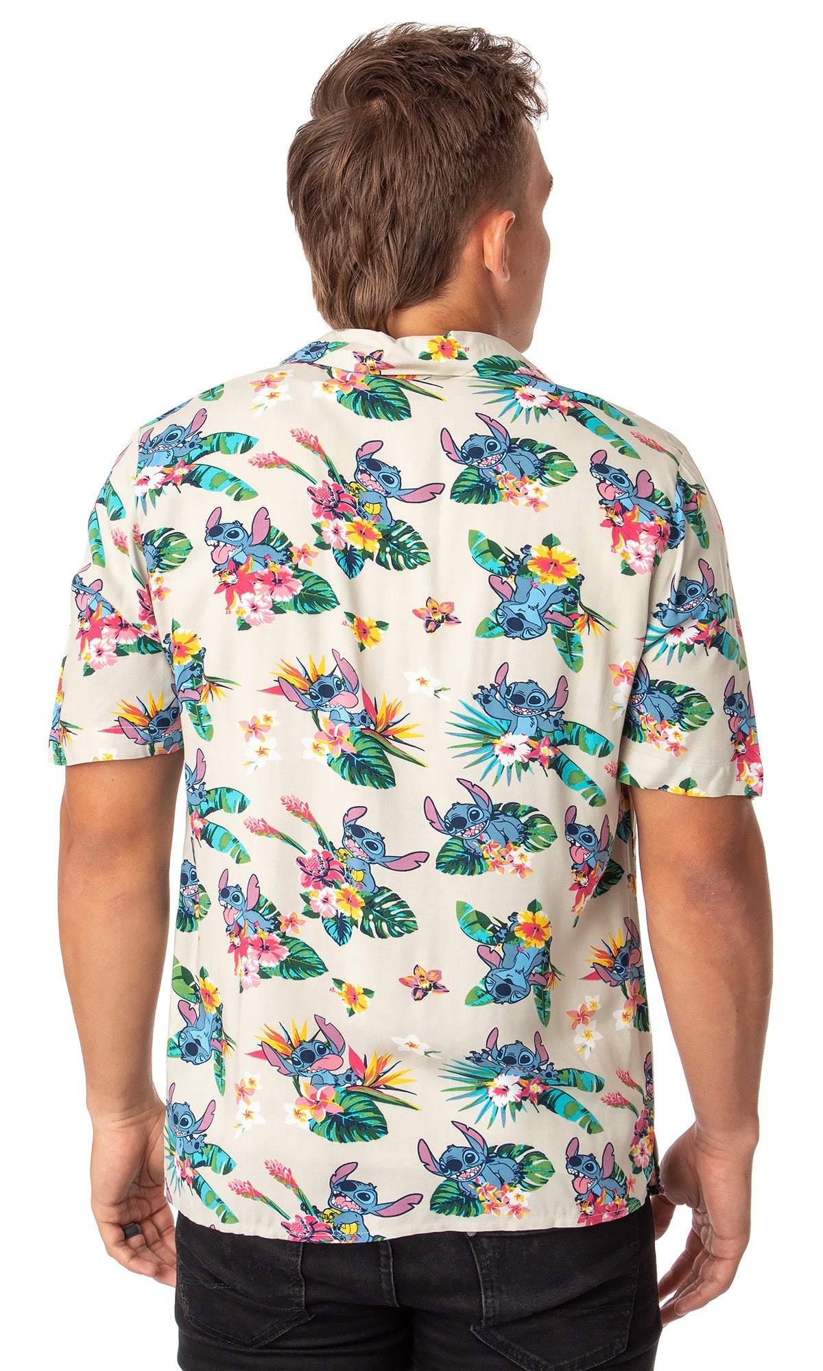 Disney Lilo & Stitch Men's Stitch Tropical Hawaiian Button Up Shirt Adult