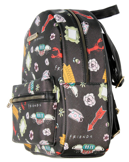 Friends TV Show Allover Toss Print Faux Saffiano Leather Mini Backpack Bag 11"