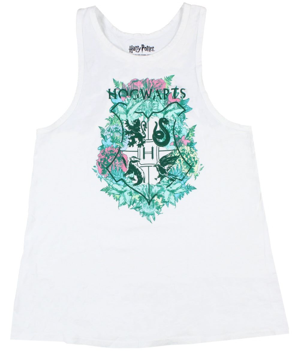 Harry Potter Juniors Hogwarts crest Floral Design Racerback Tank Top, Plus 2