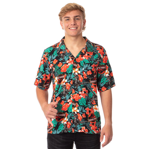 Jurassic Park Men's Velociraptor Dinosaur Floral Hawaiian Button Up Shirt