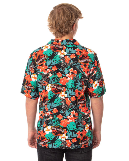 Jurassic Park Men's Velociraptor Dinosaur Floral Hawaiian Button Up Shirt Adult