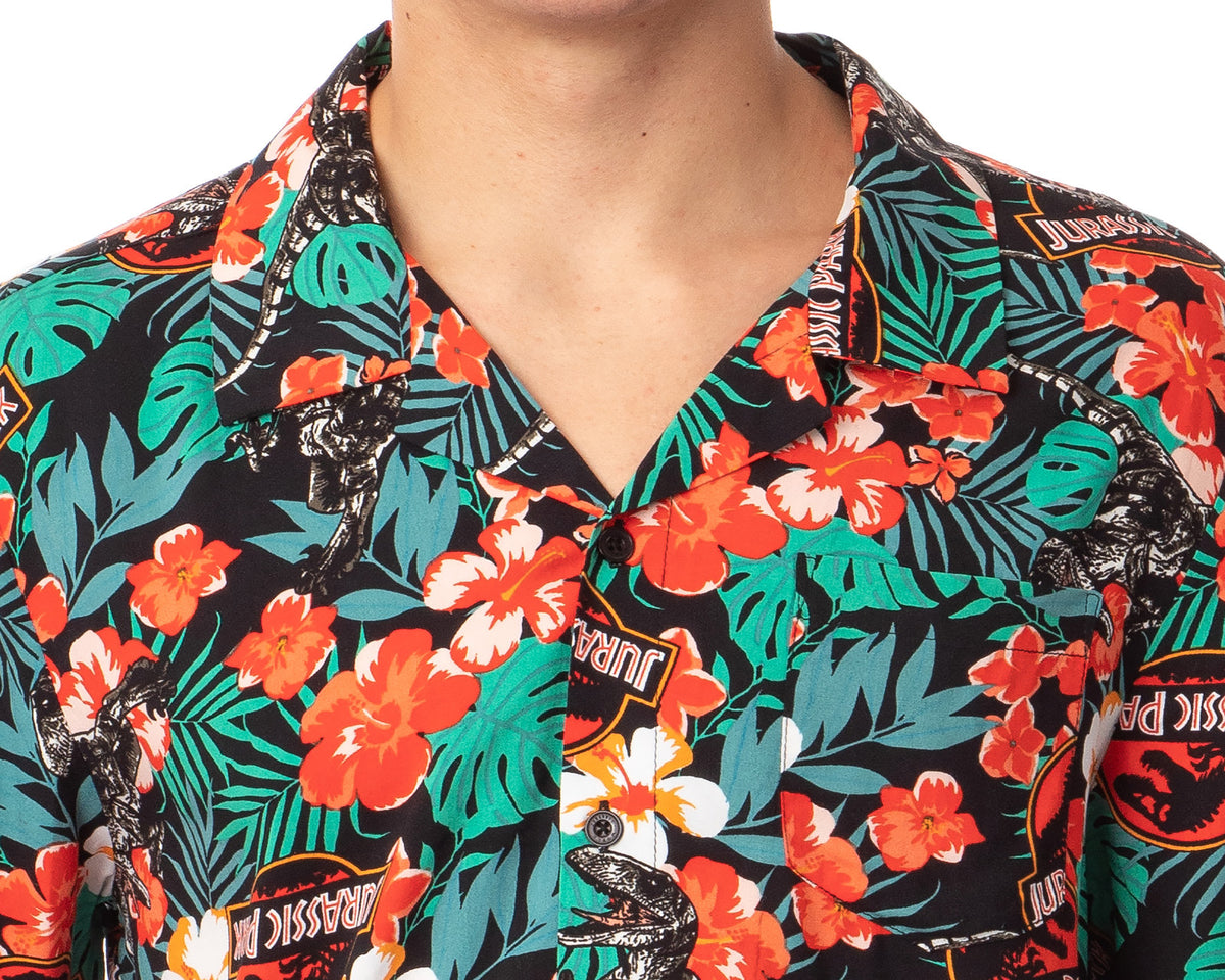 Jurassic Park Men's Velociraptor Dinosaur Floral Hawaiian Button Up Shirt Adult