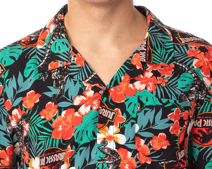 Jurassic Park Men's Velociraptor Dinosaur Floral Hawaiian Button Up Shirt Adult