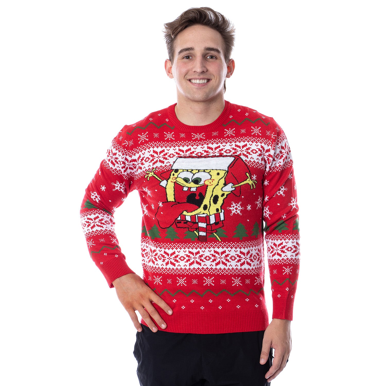 SpongeBob SquarePants Men's Snowflake Catching Ugly Sweater Knit Pullover
