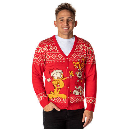 Garfield Men's Odie and Garfield Ugly Sweater Button-Up Knit Cardigan