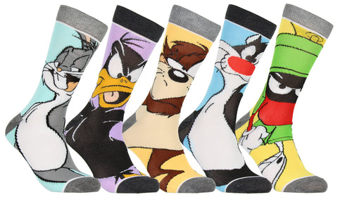 WB Looney Tunes Character Faces Men's 5 Pair Casual Crew Socks Mid Calf