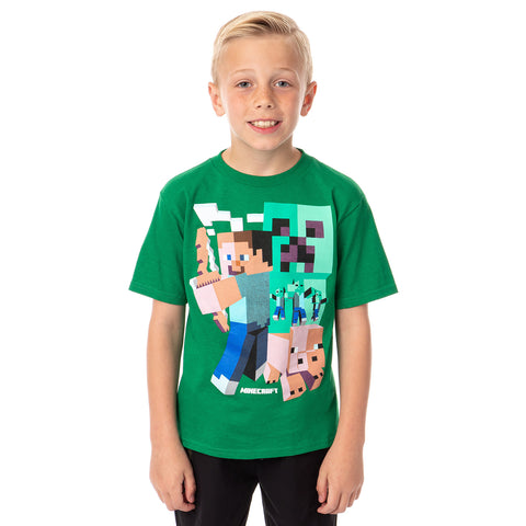 Minecraft Big Boy's T-Shirt Steve Pickaxe Pig Zombies Graphic Green