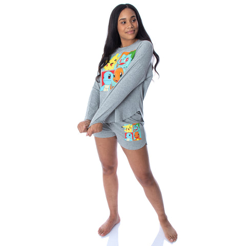 Pokemon Women's Starter Squares 2 Piece Loungewear Pajama Set LS Shirt Shorts