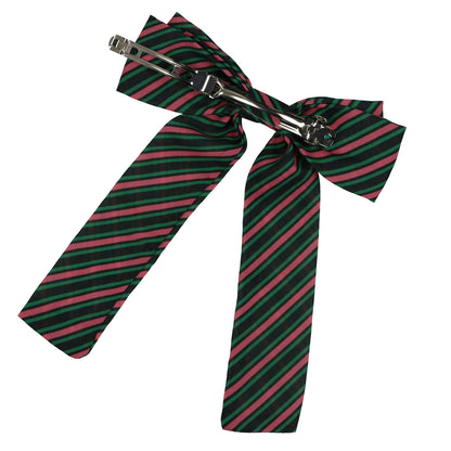 Wicked Hair Bow Pink and Green Stripes with Pinch Barrette