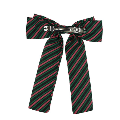 Wicked Hair Bow Pink and Green Stripes with Pinch Barrette