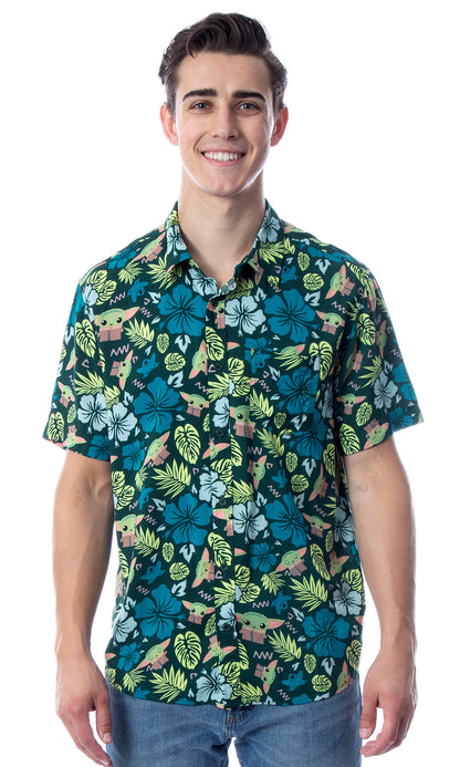 Star Wars Men's Grogu Baby Yoda Leaves Hawaiian Button Up Shirt Adult