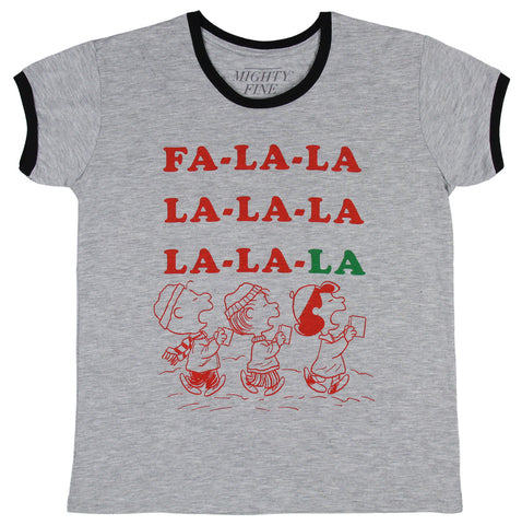 Peanuts Womens' Fa-La-La-La-La Holiday Carols Graphic Print Ringer T-Shirt