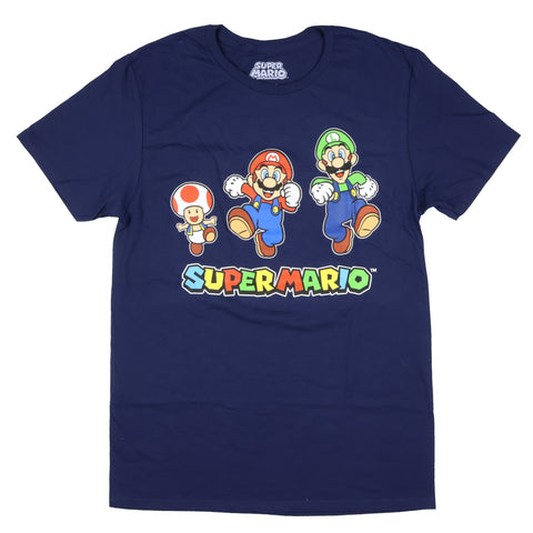 Super Mario Men's Toad Mario And Luigi Running Graphic Print T-Shirt (3XL, Navy)