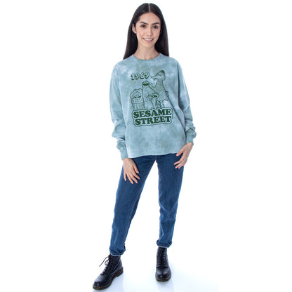 Sesame Street Women's 1969 Character Group Tie-Dye Raw Edge Skimmer T-Shirt