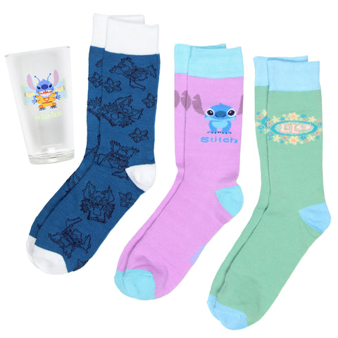 Disney Lilo and Stitch 3 Pairs of Socks And Pint Glass Gift Set Bundle