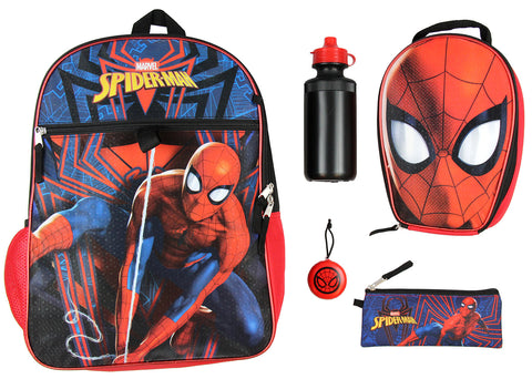 Marvel Spider-Man Backpack Kids 16" 5PC Water Bottle School Combo Set